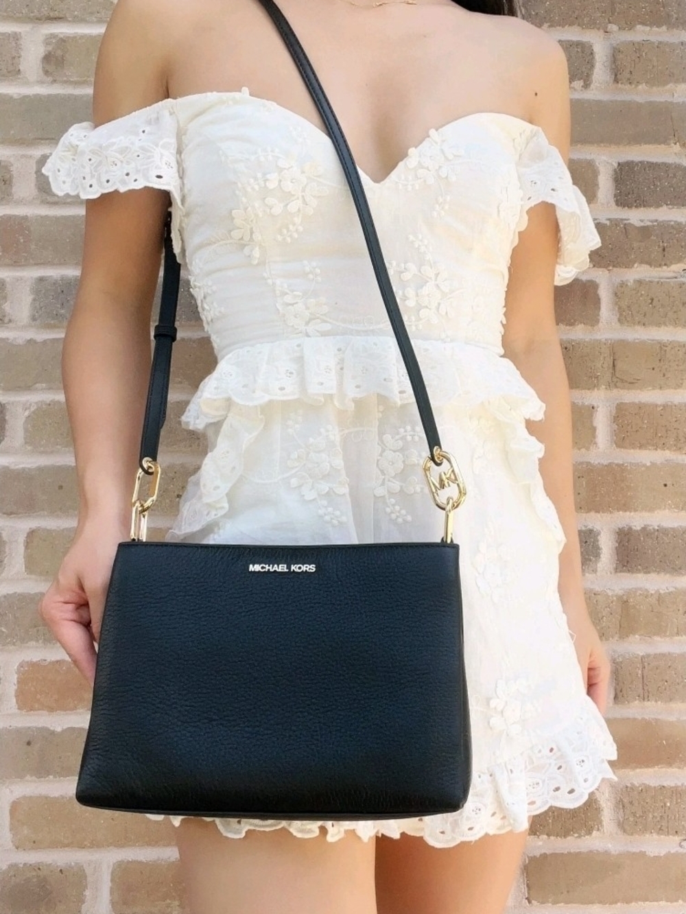 Michael Kors Trisha Black Pebbled Leather Shoulder Bag with Gold Hardware